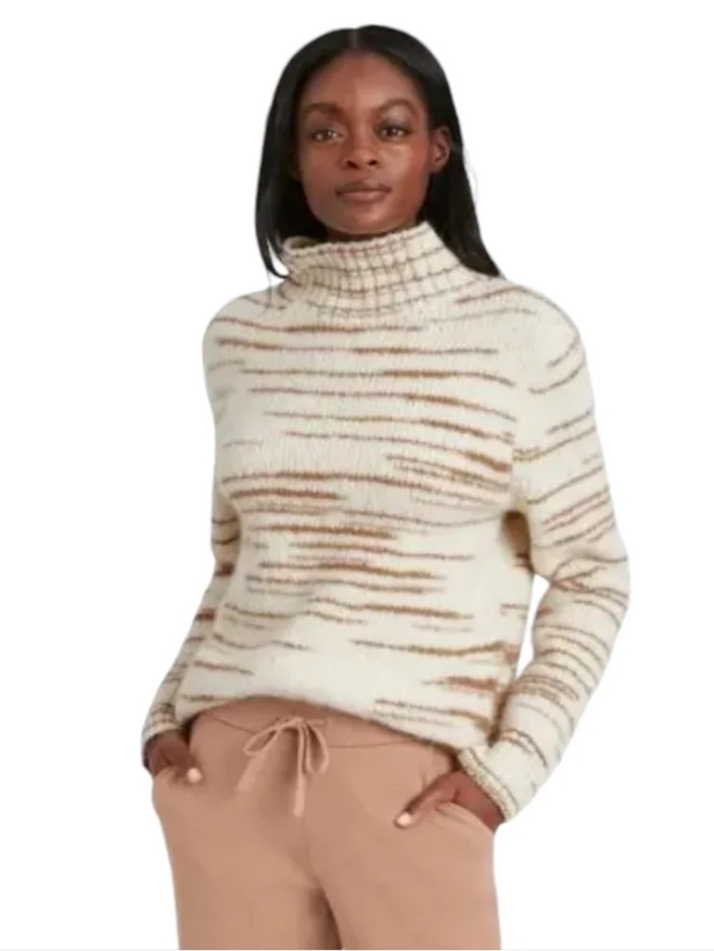 Banana Republic Cream and Brown Wool Blend Striped Turtleneck Sweater
